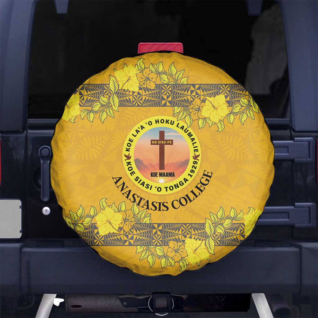 Tonga Anastasis College Spare Tire Cover Tongan Ngatu Kupesi Pattern LT05 No hole Yellow - Polynesian Pride