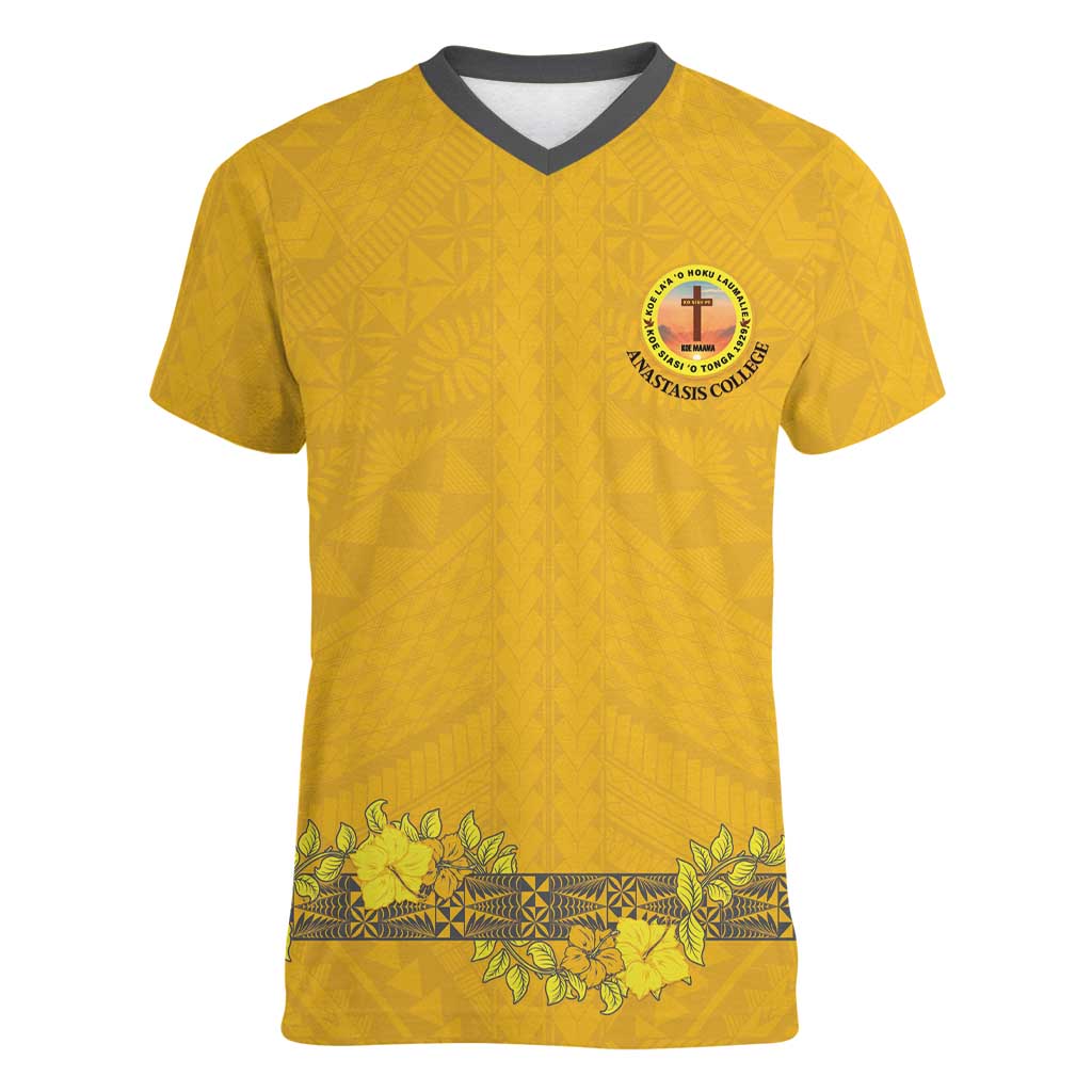 Tonga Anastasis College Women V-Neck T-Shirt Tongan Ngatu Kupesi Pattern - Polynesian Pride