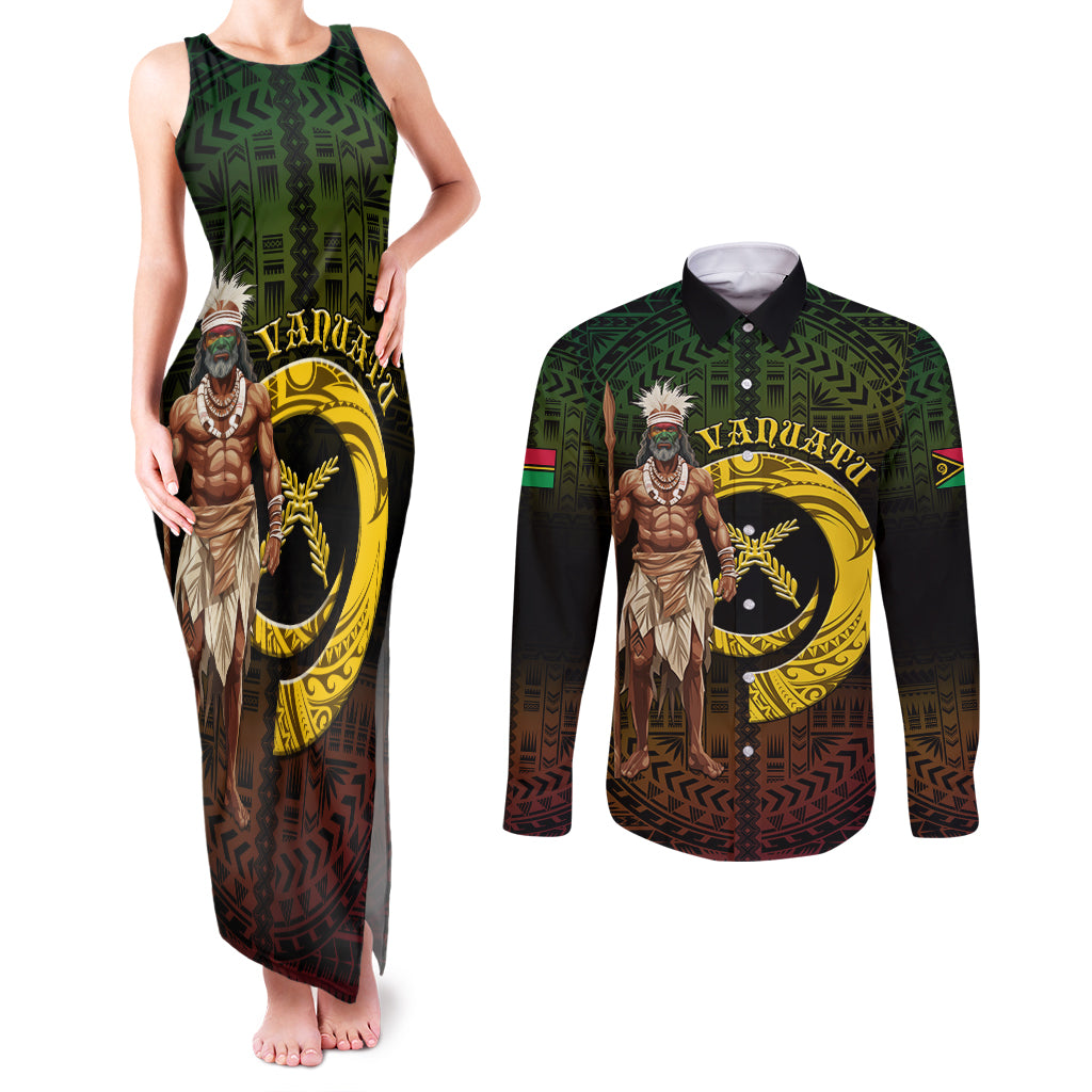Personalised Vanuatu Custom Chiefs Day Couples Matching Tank Maxi Dress and Long Sleeve Button Shirt Pig Tusk Simple Style LT05 Black - Polynesian Pride