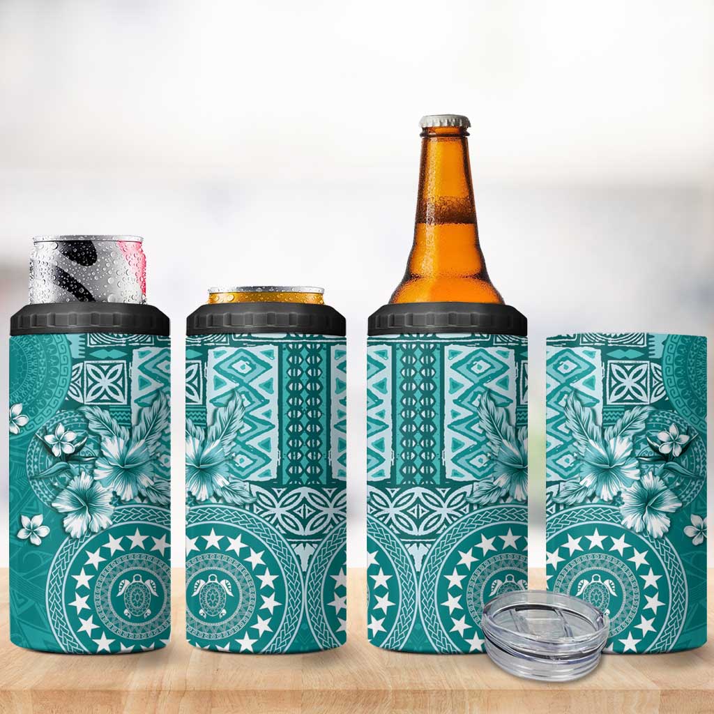 Cook Islands 4 in 1 Can Cooler Tumbler Teal Hibiscus And Stars