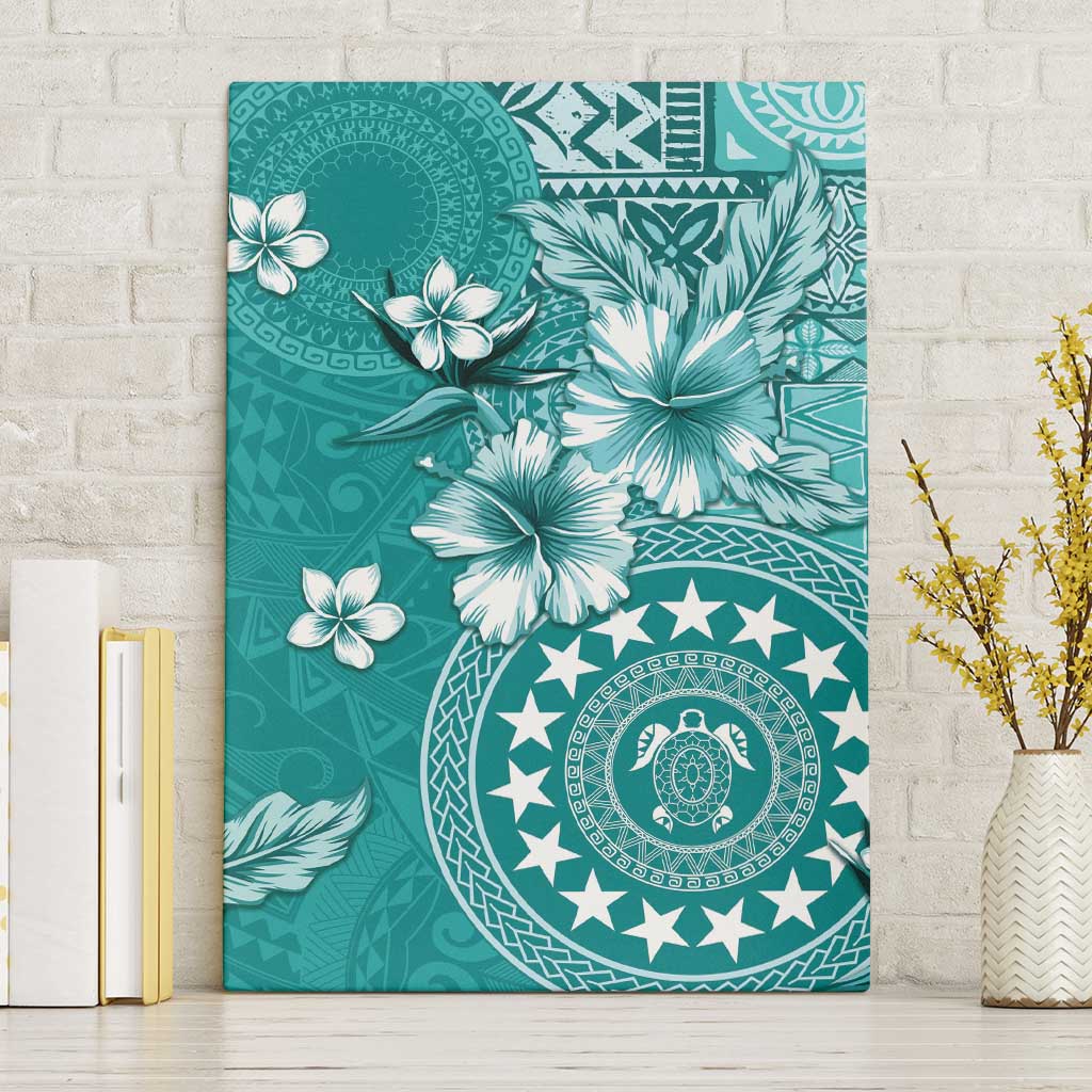 Cook Islands Canvas Wall Art Teal Hibiscus And Stars