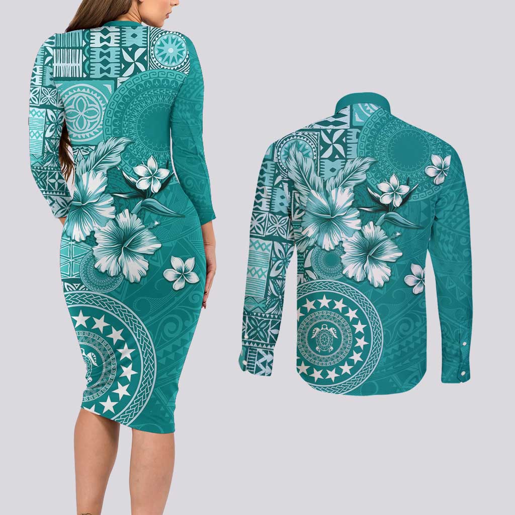 Cook Islands Couples Matching Long Sleeve Bodycon Dress and Long Sleeve Button Shirt Teal Hibiscus And Stars