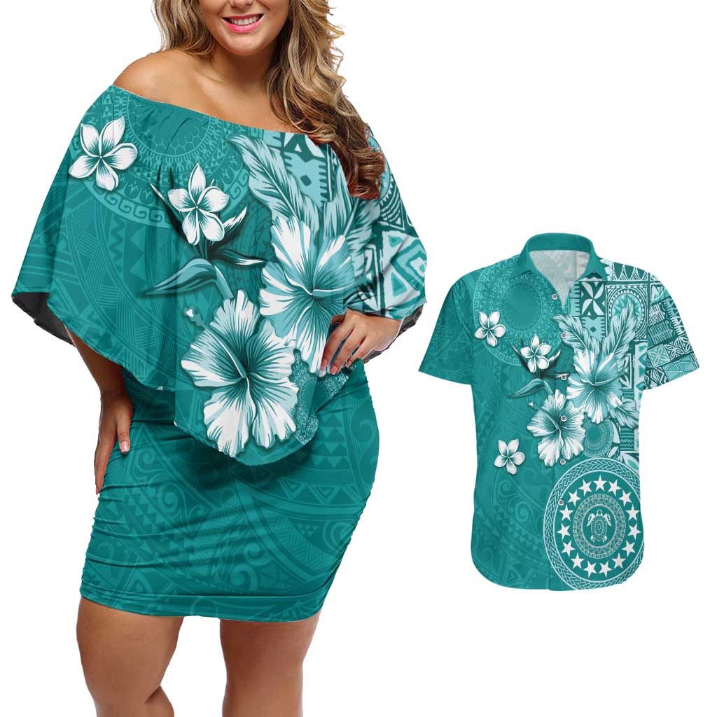 Cook Islands Couples Matching Off Shoulder Short Dress and Hawaiian Shirt Teal Hibiscus And Stars