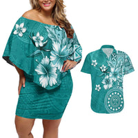 Cook Islands Couples Matching Off Shoulder Short Dress and Hawaiian Shirt Teal Hibiscus And Stars