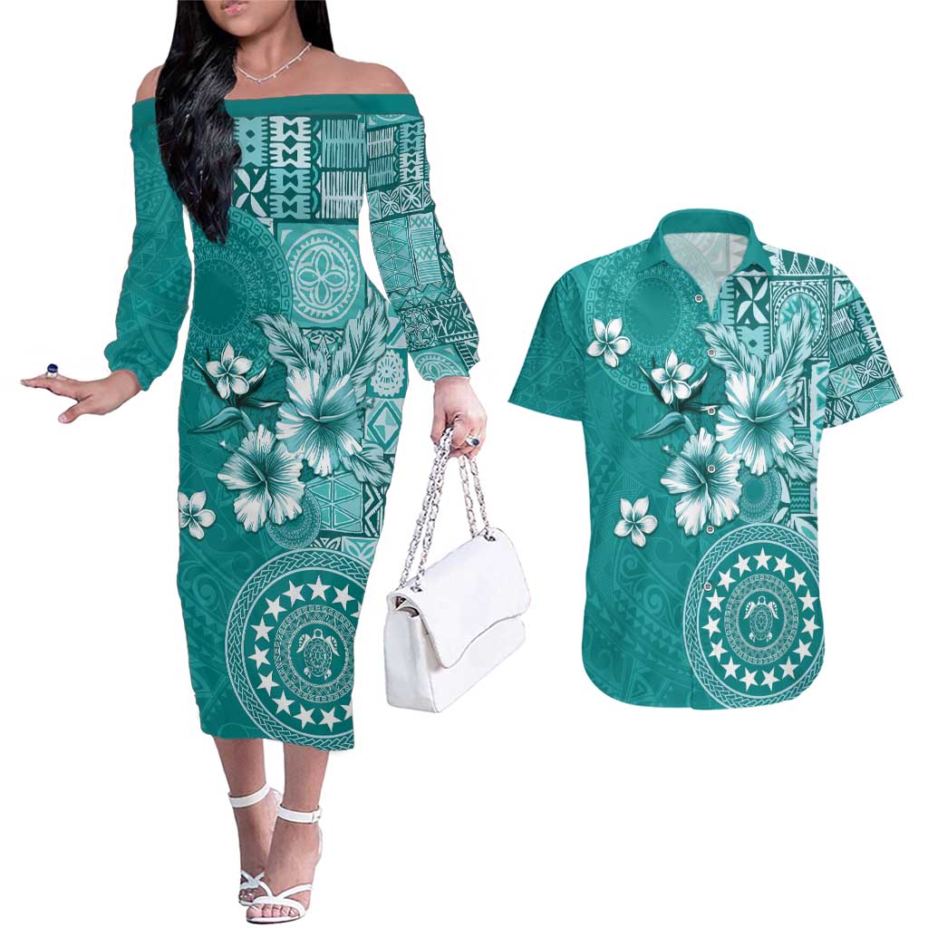 Cook Islands Couples Matching Off The Shoulder Long Sleeve Dress and Hawaiian Shirt Teal Hibiscus And Stars