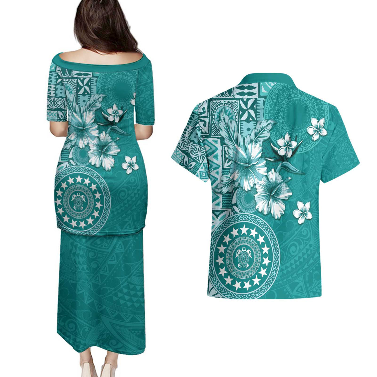 Cook Islands Couples Matching Puletasi and Hawaiian Shirt Teal Hibiscus And Stars