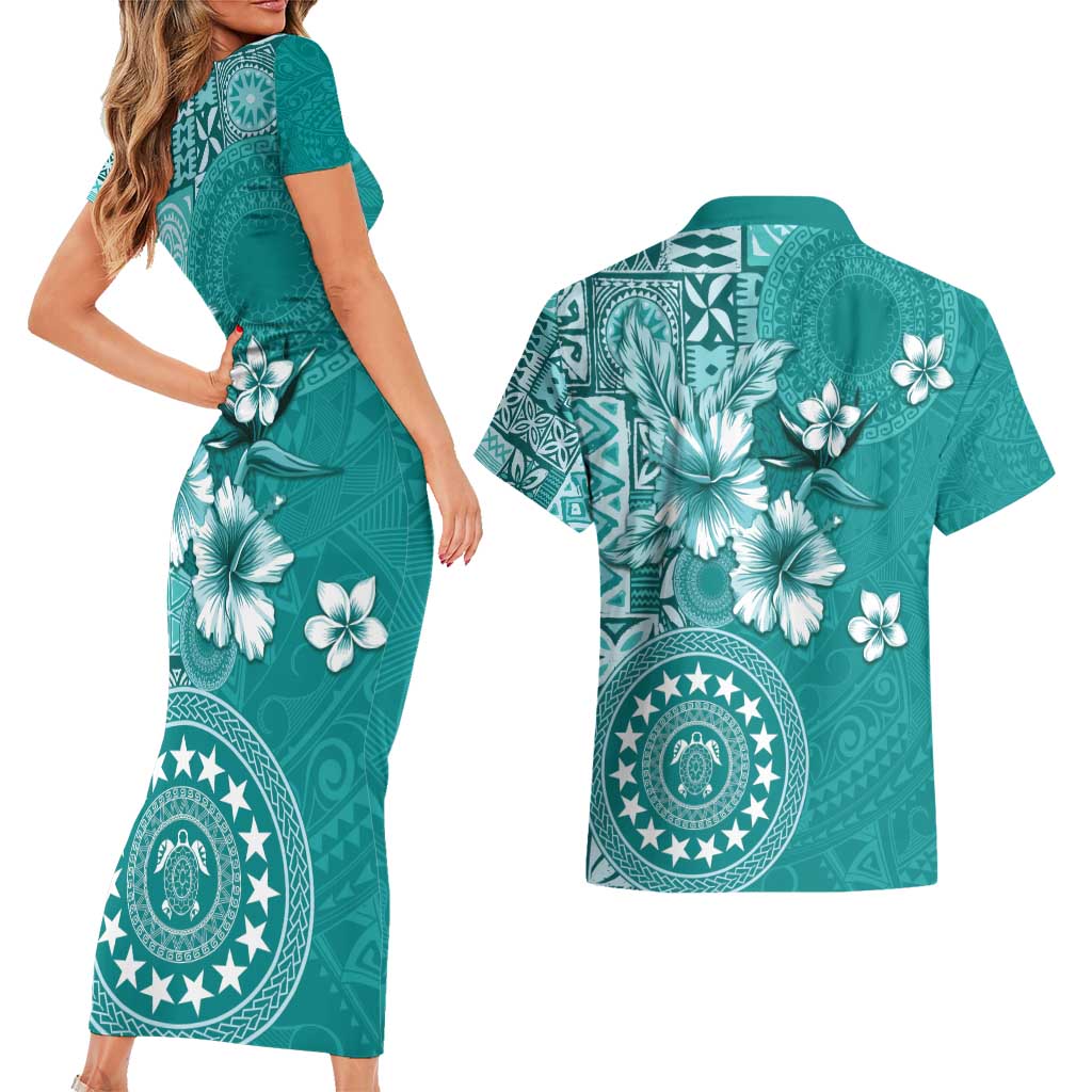 Cook Islands Couples Matching Short Sleeve Bodycon Dress and Hawaiian Shirt Teal Hibiscus And Stars