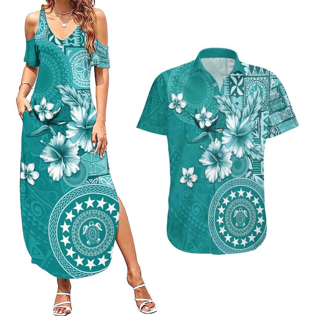 Cook Islands Couples Matching Summer Maxi Dress and Hawaiian Shirt Teal Hibiscus And Stars