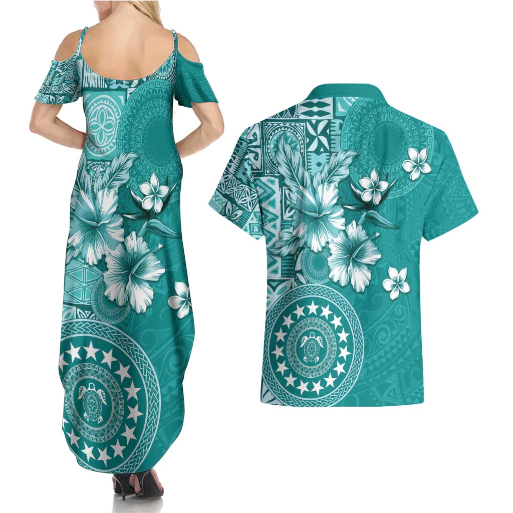 Cook Islands Couples Matching Summer Maxi Dress and Hawaiian Shirt Teal Hibiscus And Stars
