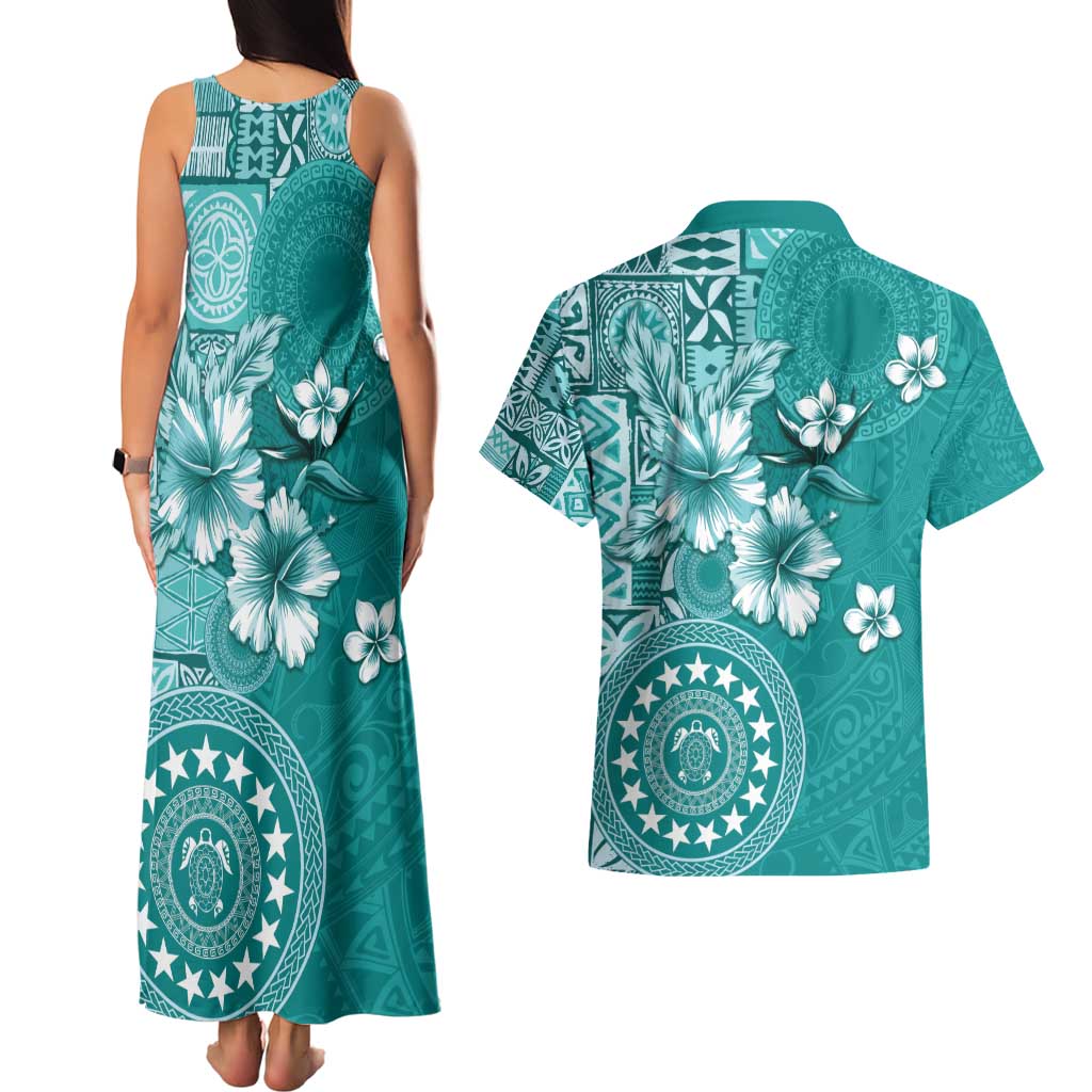 Cook Islands Couples Matching Tank Maxi Dress and Hawaiian Shirt Teal Hibiscus And Stars