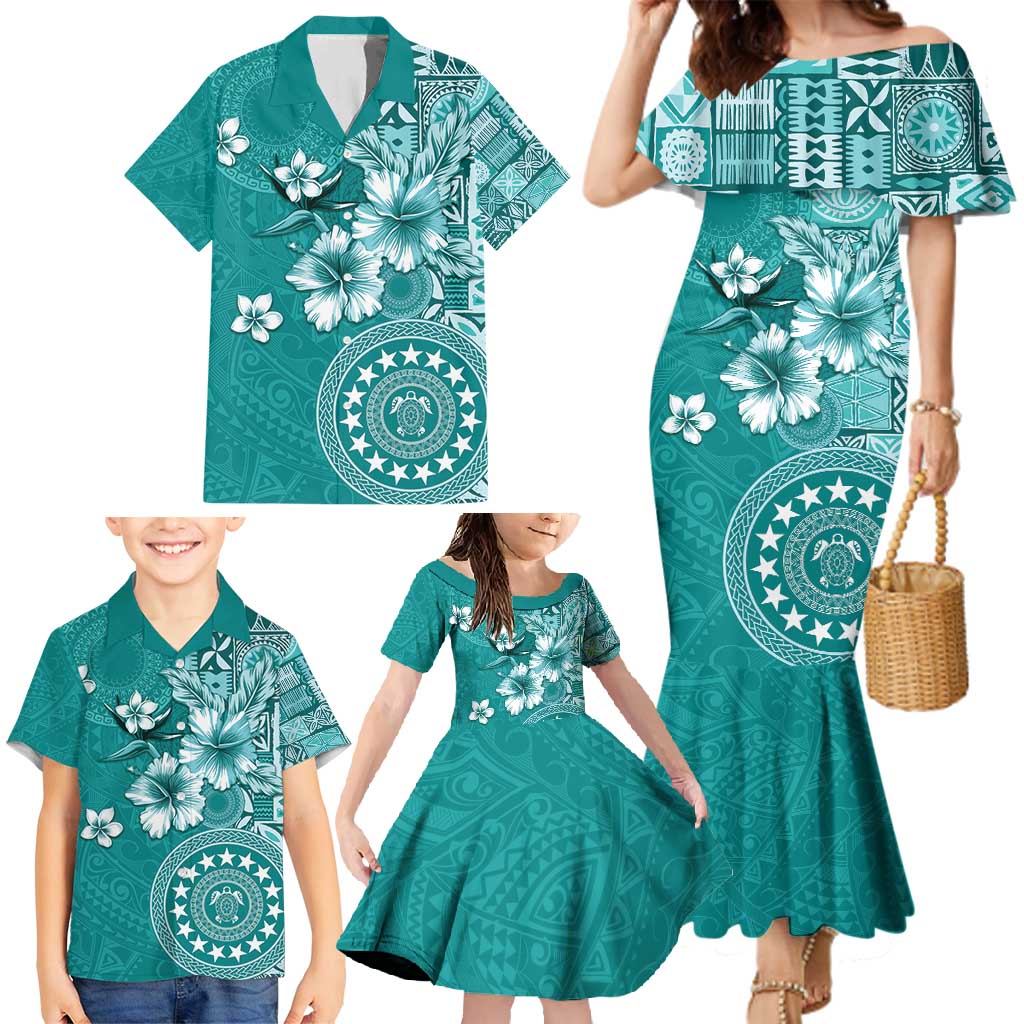 Cook Islands Family Matching Mermaid Dress and Hawaiian Shirt Teal Hibiscus And Stars