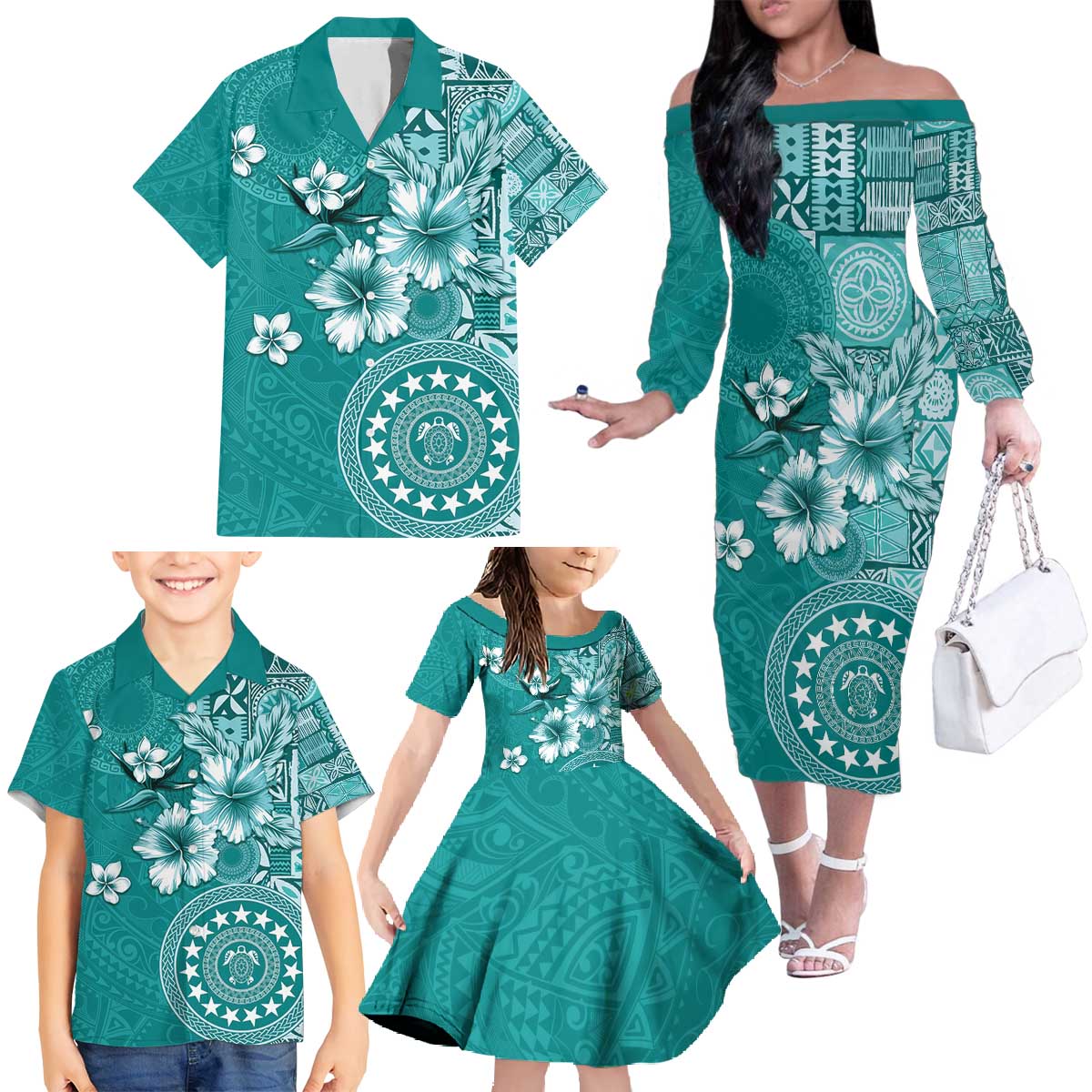 Cook Islands Family Matching Off The Shoulder Long Sleeve Dress and Hawaiian Shirt Teal Hibiscus And Stars