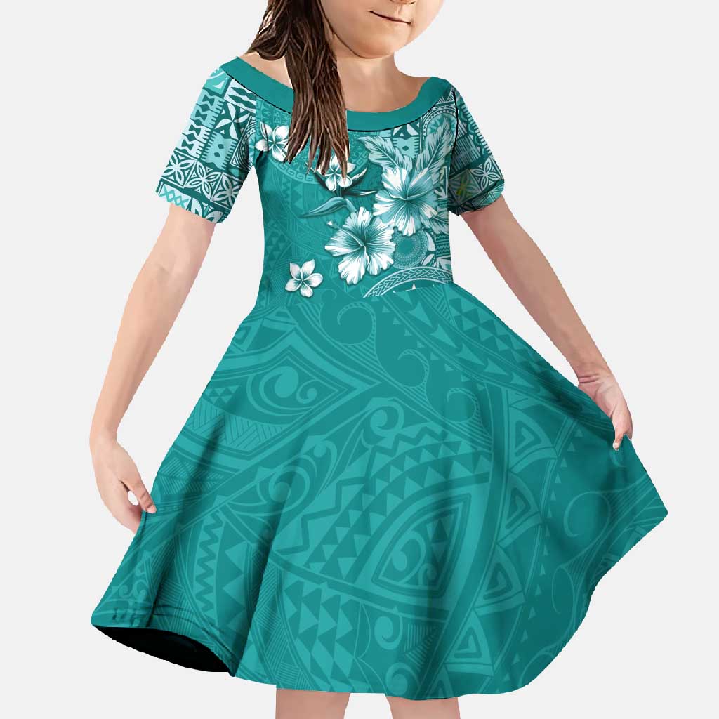 Cook Islands Family Matching Off Shoulder Maxi Dress and Hawaiian Shirt Teal Hibiscus And Stars