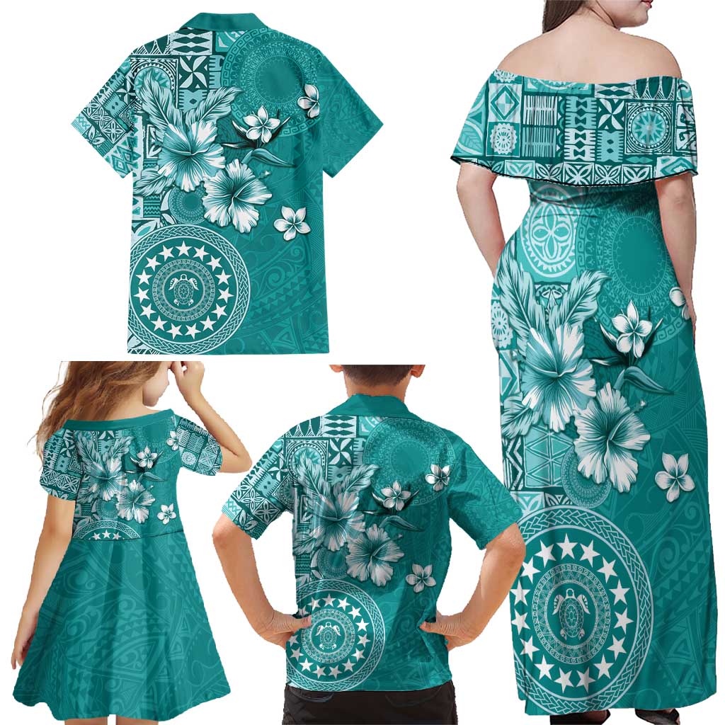 Cook Islands Family Matching Off Shoulder Maxi Dress and Hawaiian Shirt Teal Hibiscus And Stars