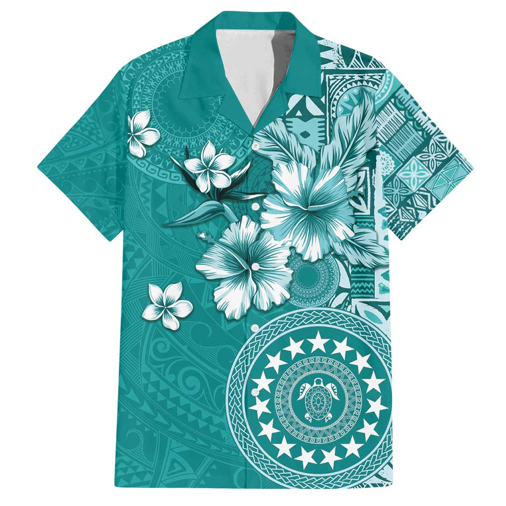 Cook Islands Family Matching Off Shoulder Maxi Dress and Hawaiian Shirt Teal Hibiscus And Stars