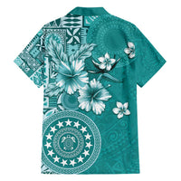 Cook Islands Family Matching Off Shoulder Maxi Dress and Hawaiian Shirt Teal Hibiscus And Stars