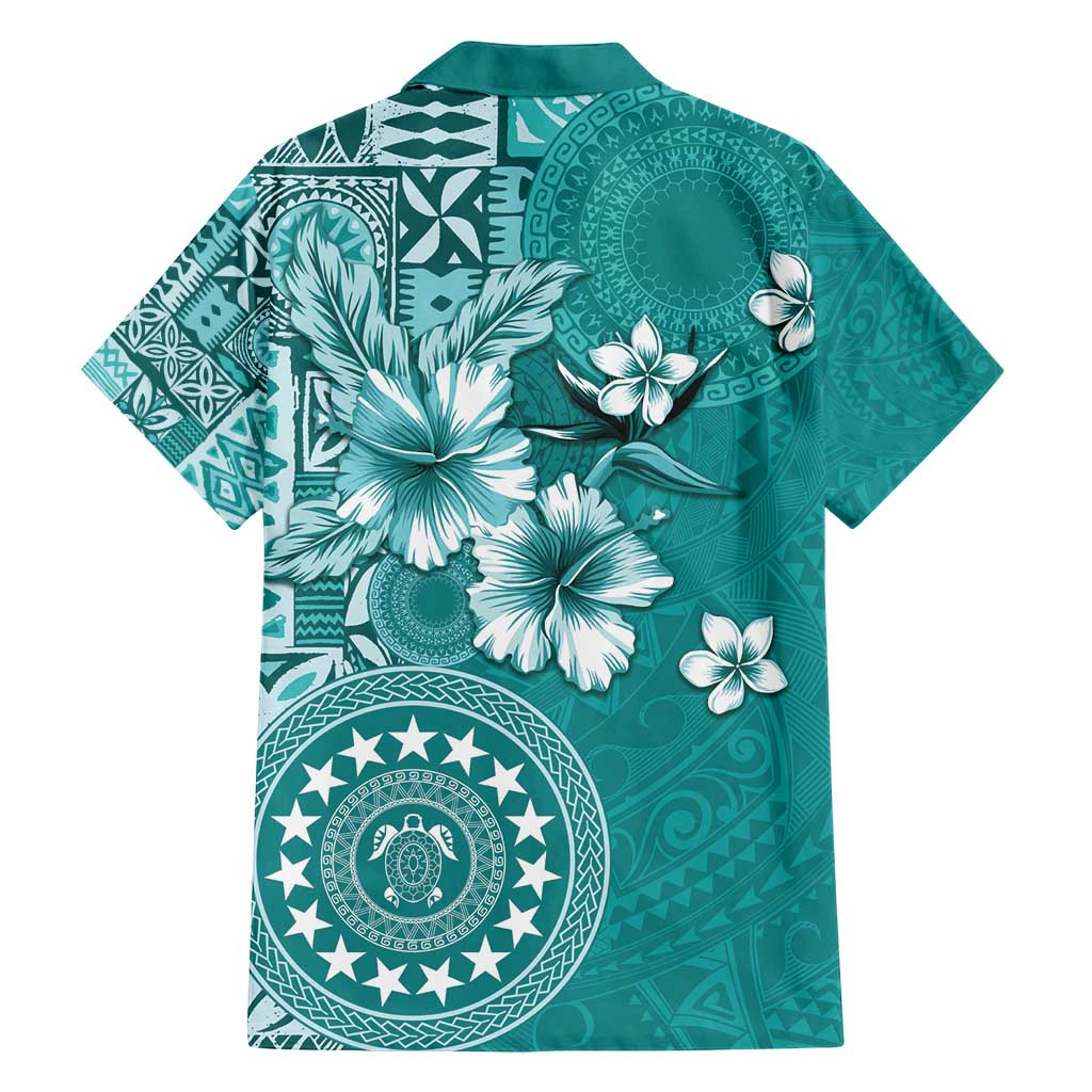 Cook Islands Family Matching Off Shoulder Short Dress and Hawaiian Shirt Teal Hibiscus And Stars