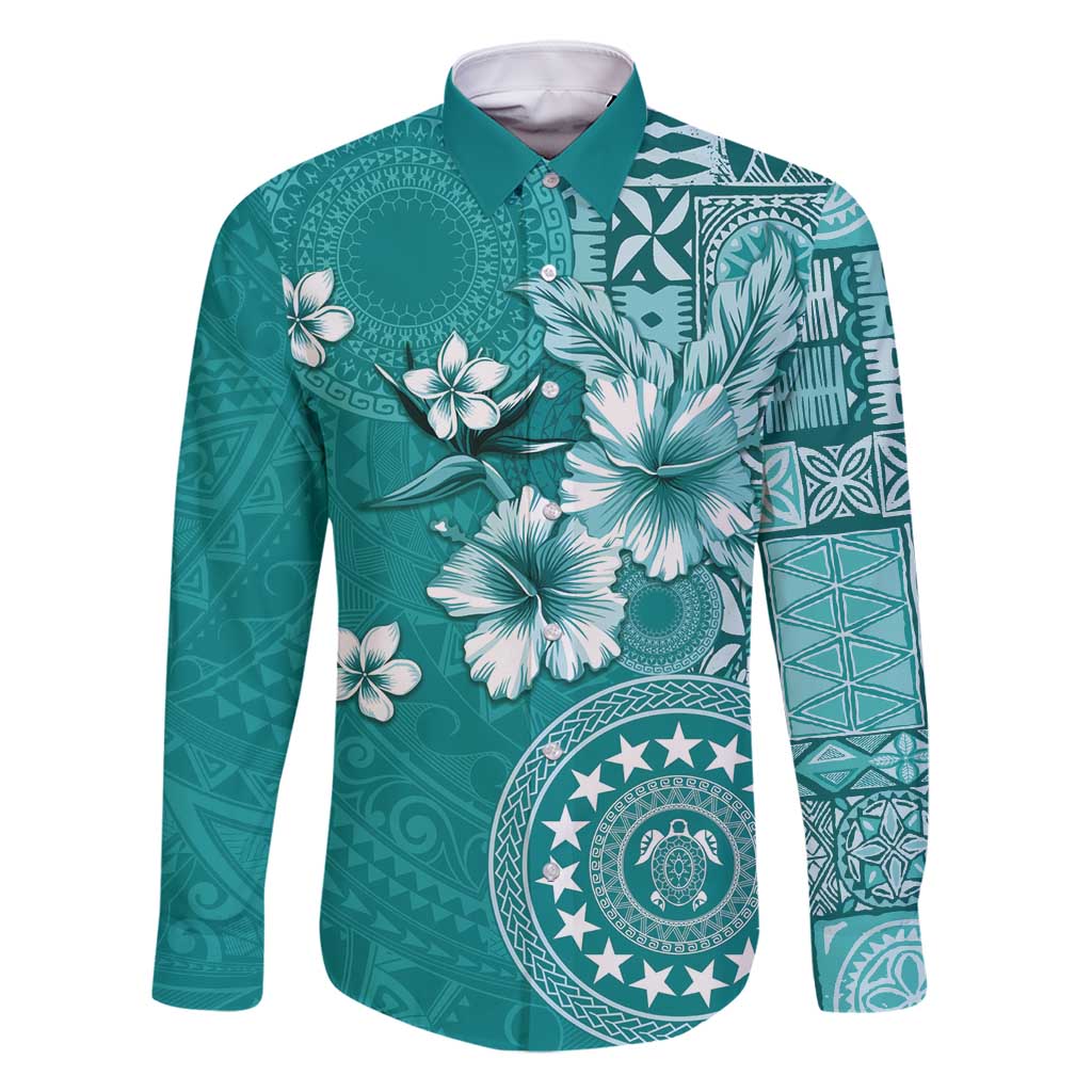 Cook Islands Family Matching Off Shoulder Short Dress and Hawaiian Shirt Teal Hibiscus And Stars