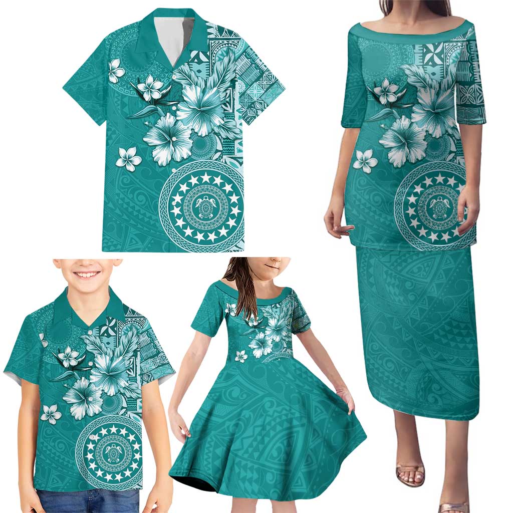 Cook Islands Family Matching Puletasi and Hawaiian Shirt Teal Hibiscus And Stars
