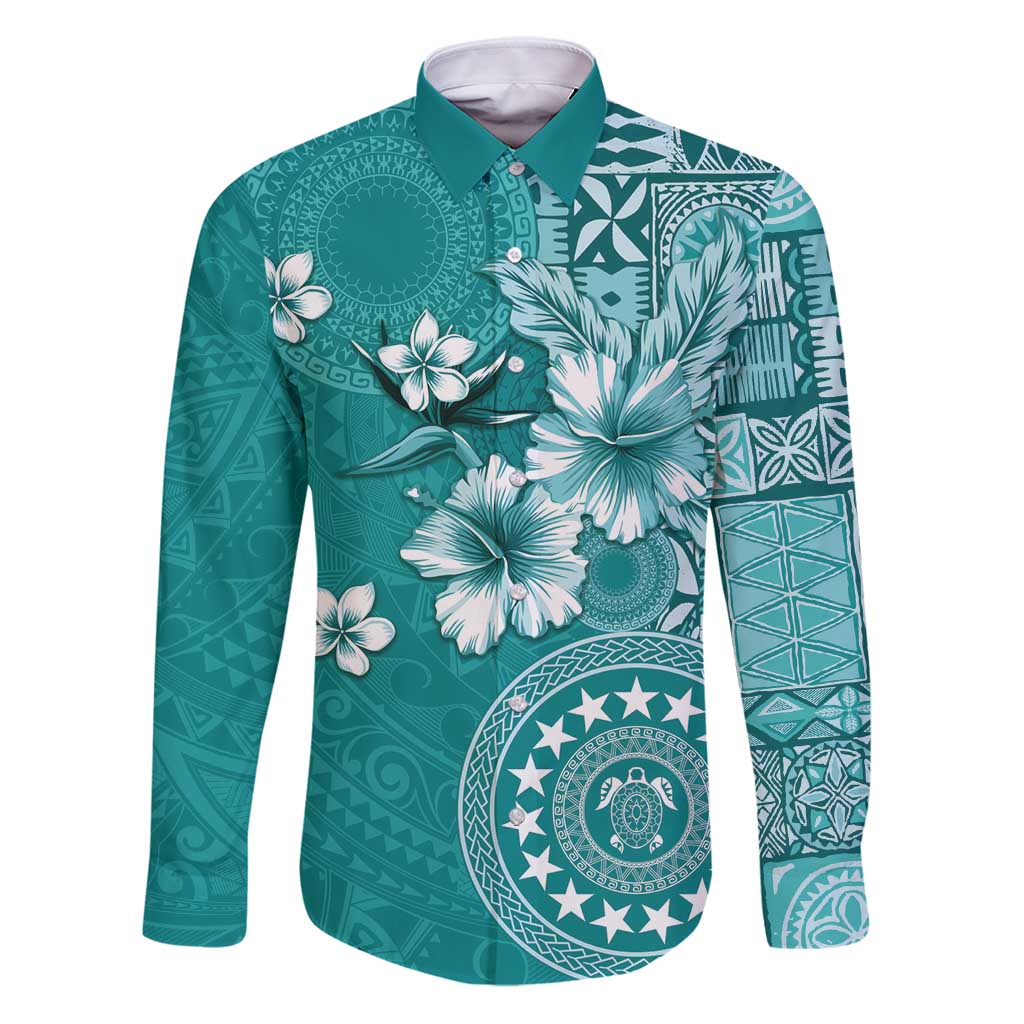 Cook Islands Family Matching Puletasi and Hawaiian Shirt Teal Hibiscus And Stars