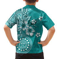 Cook Islands Family Matching Short Sleeve Bodycon Dress and Hawaiian Shirt Teal Hibiscus And Stars