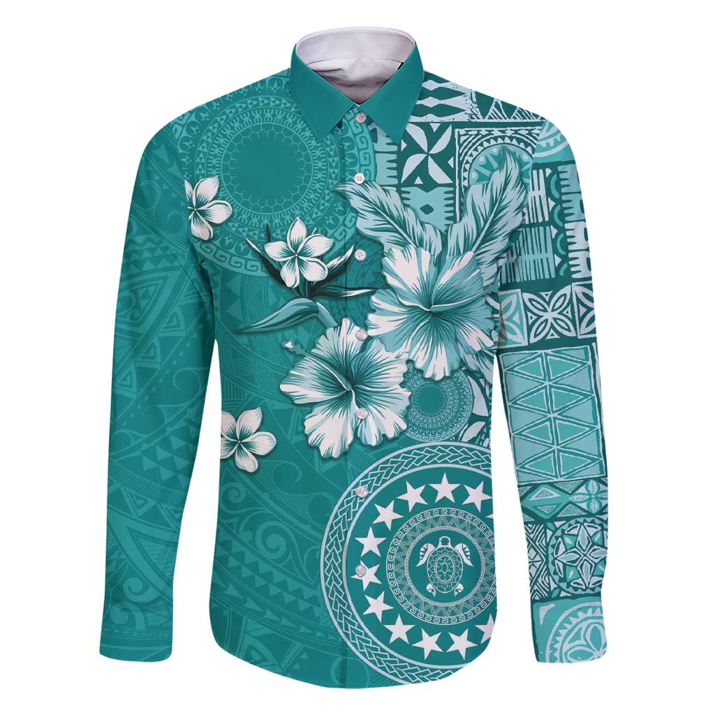 Cook Islands Family Matching Short Sleeve Bodycon Dress and Hawaiian Shirt Teal Hibiscus And Stars