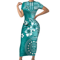 Cook Islands Family Matching Short Sleeve Bodycon Dress and Hawaiian Shirt Teal Hibiscus And Stars