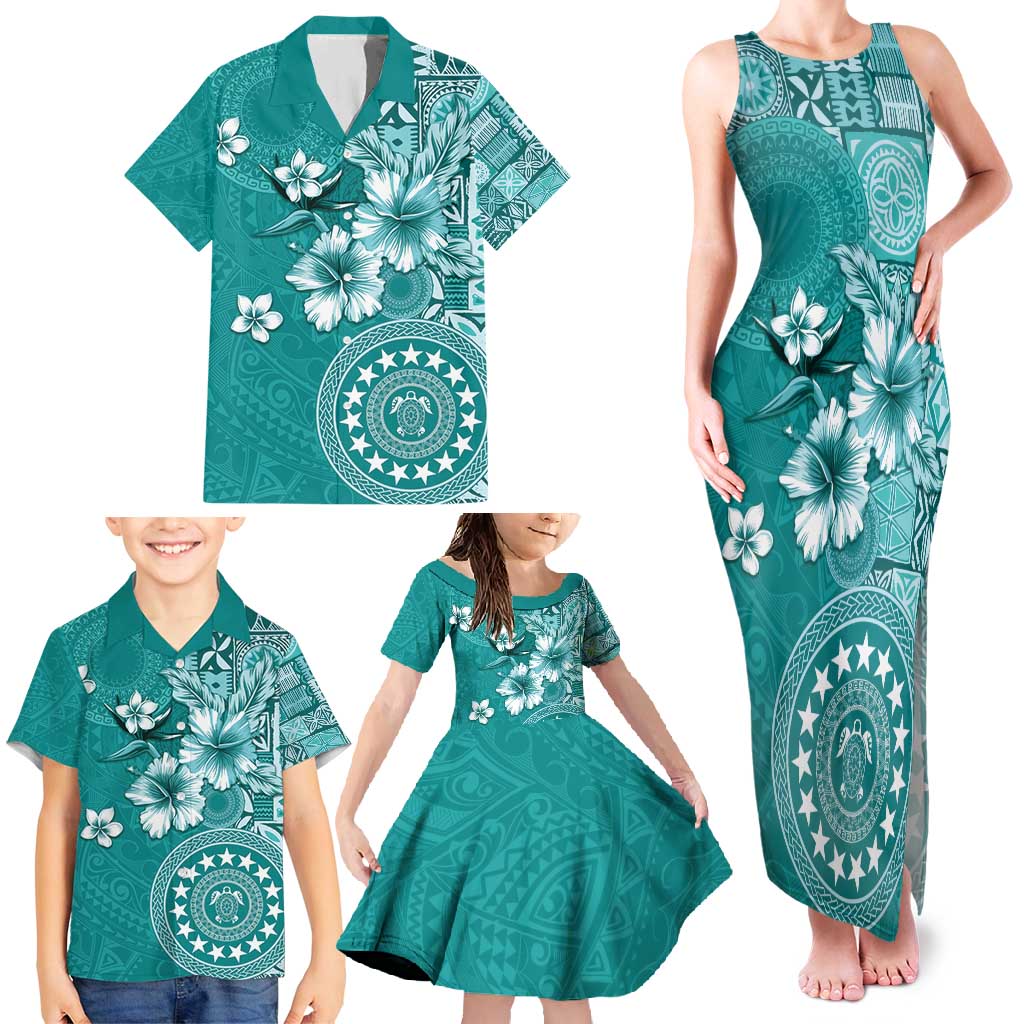 Cook Islands Family Matching Tank Maxi Dress and Hawaiian Shirt Teal Hibiscus And Stars