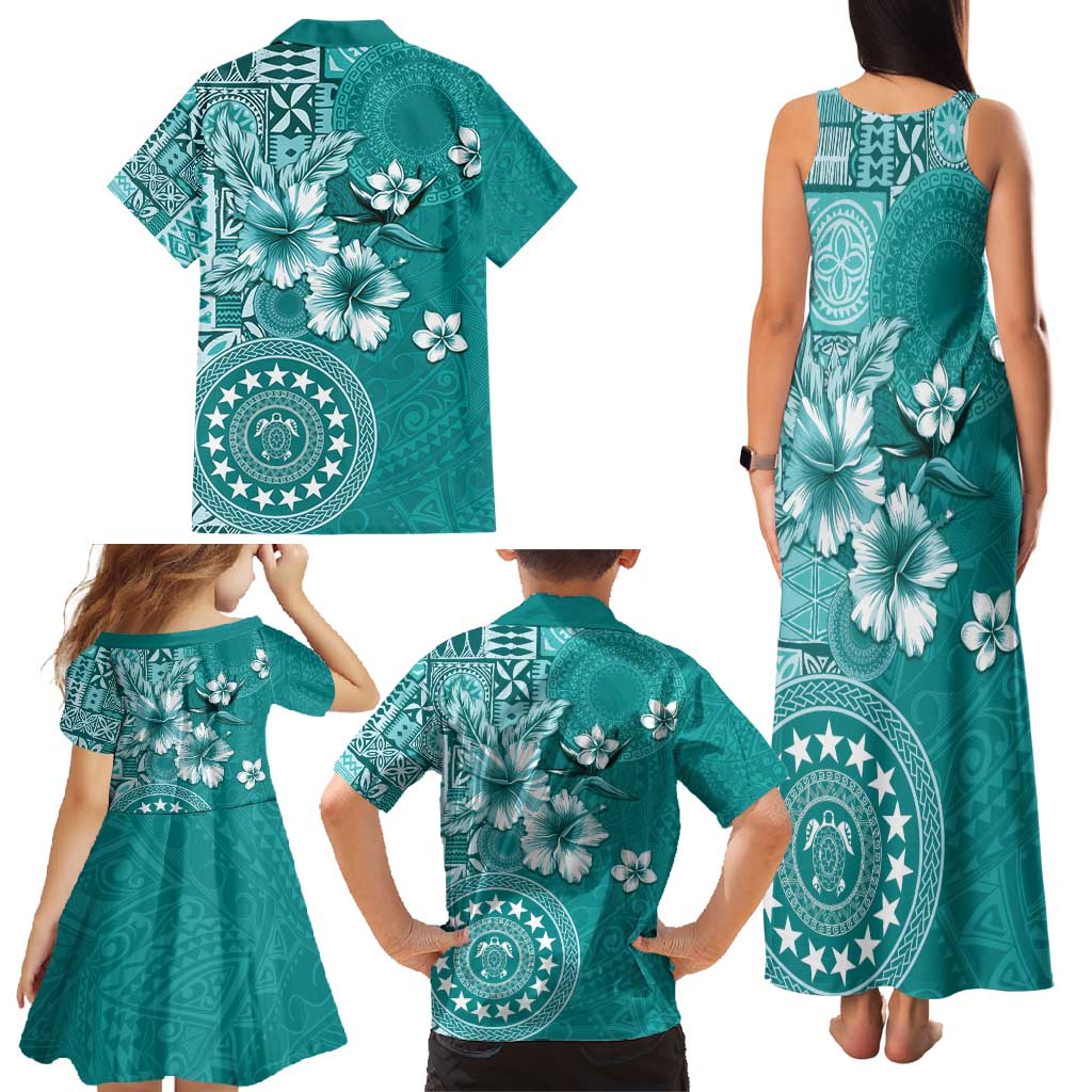 Cook Islands Family Matching Tank Maxi Dress and Hawaiian Shirt Teal Hibiscus And Stars