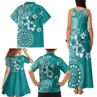 Cook Islands Family Matching Tank Maxi Dress and Hawaiian Shirt Teal Hibiscus And Stars