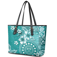 Cook Islands Leather Tote Bag Teal Hibiscus And Stars