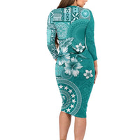 Cook Islands Long Sleeve Bodycon Dress Teal Hibiscus And Stars
