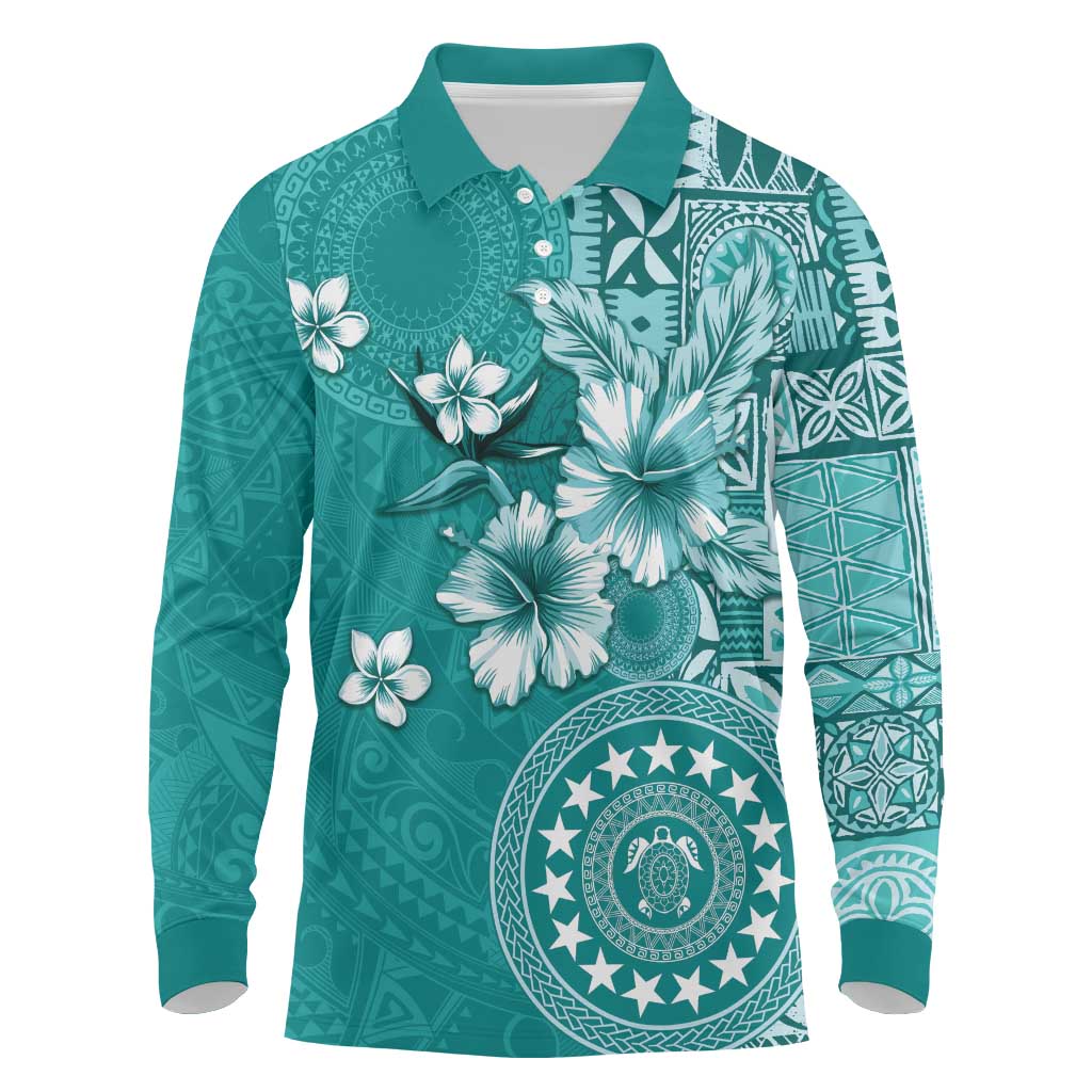 Cook Islands Long Sleeve Polo Shirt Teal Hibiscus And Stars LT05 Teal - Polynesian Pride