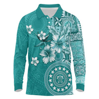 Cook Islands Long Sleeve Polo Shirt Teal Hibiscus And Stars LT05 Teal - Polynesian Pride
