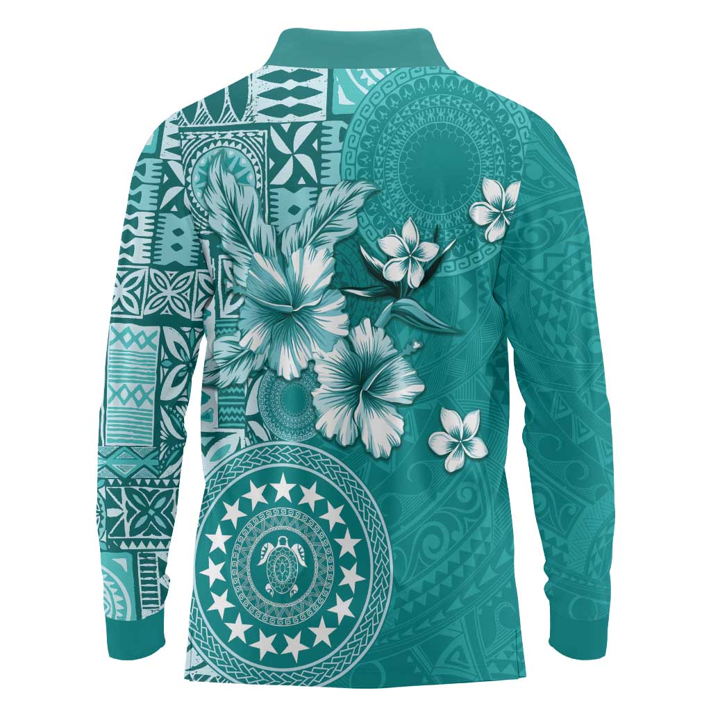 Cook Islands Long Sleeve Polo Shirt Teal Hibiscus And Stars LT05 - Polynesian Pride
