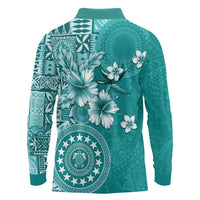 Cook Islands Long Sleeve Polo Shirt Teal Hibiscus And Stars LT05 - Polynesian Pride