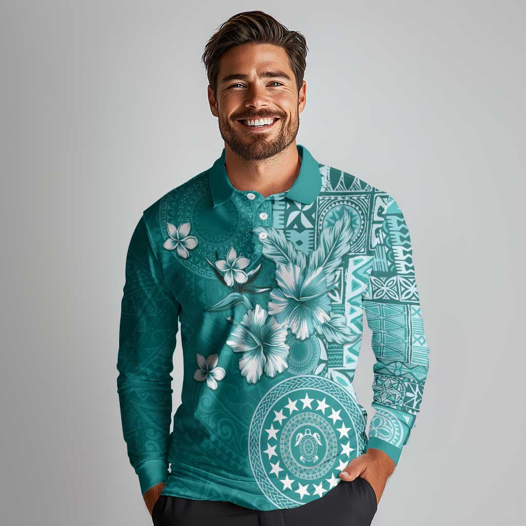 Cook Islands Long Sleeve Polo Shirt Teal Hibiscus And Stars LT05 - Polynesian Pride