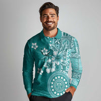 Cook Islands Long Sleeve Polo Shirt Teal Hibiscus And Stars LT05 - Polynesian Pride