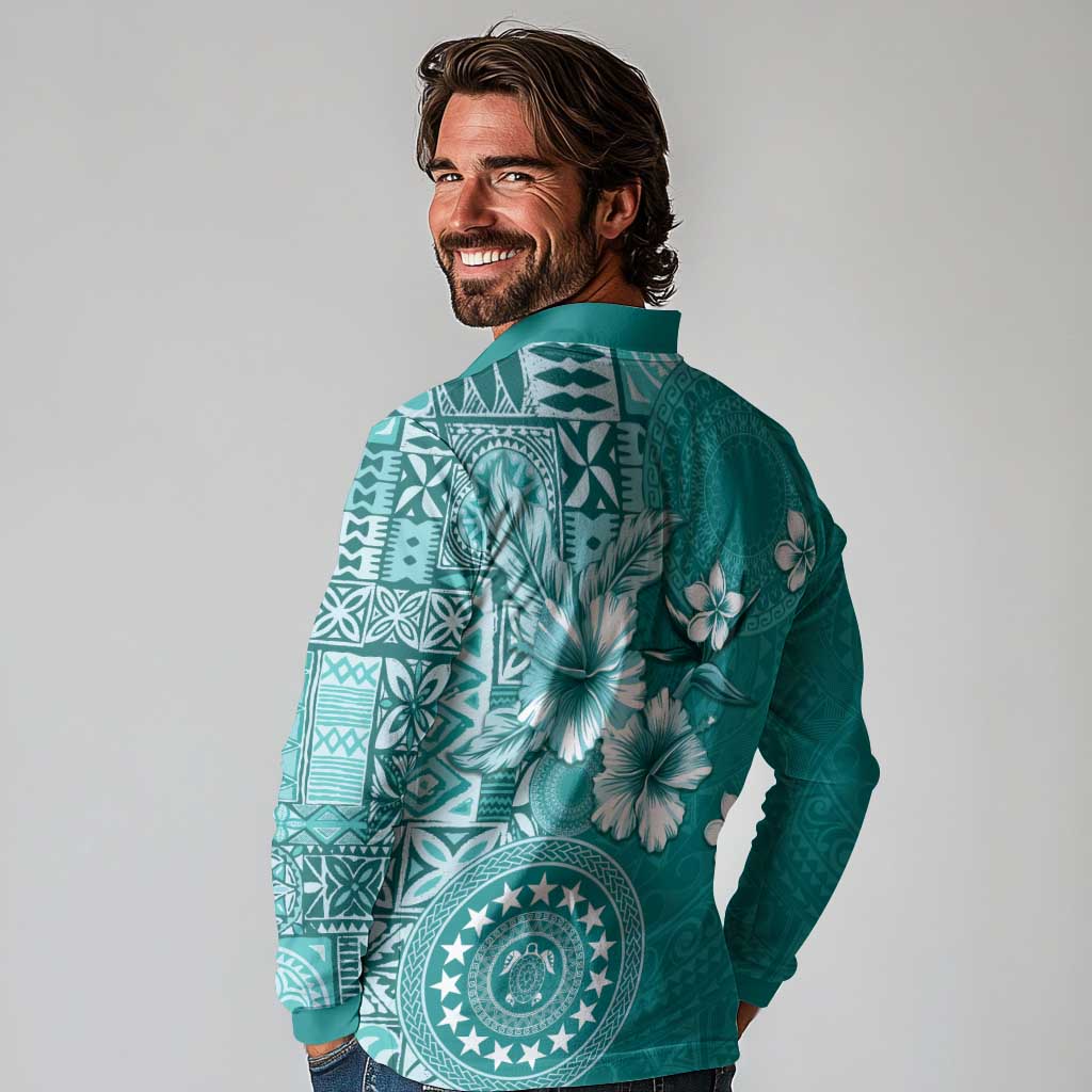 Cook Islands Long Sleeve Polo Shirt Teal Hibiscus And Stars LT05 - Polynesian Pride