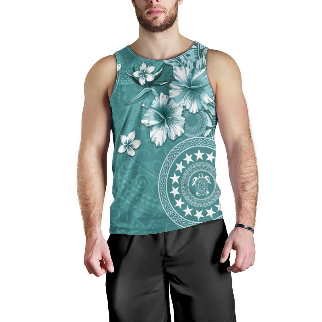 Cook Islands Men Tank Top Teal Hibiscus And Stars