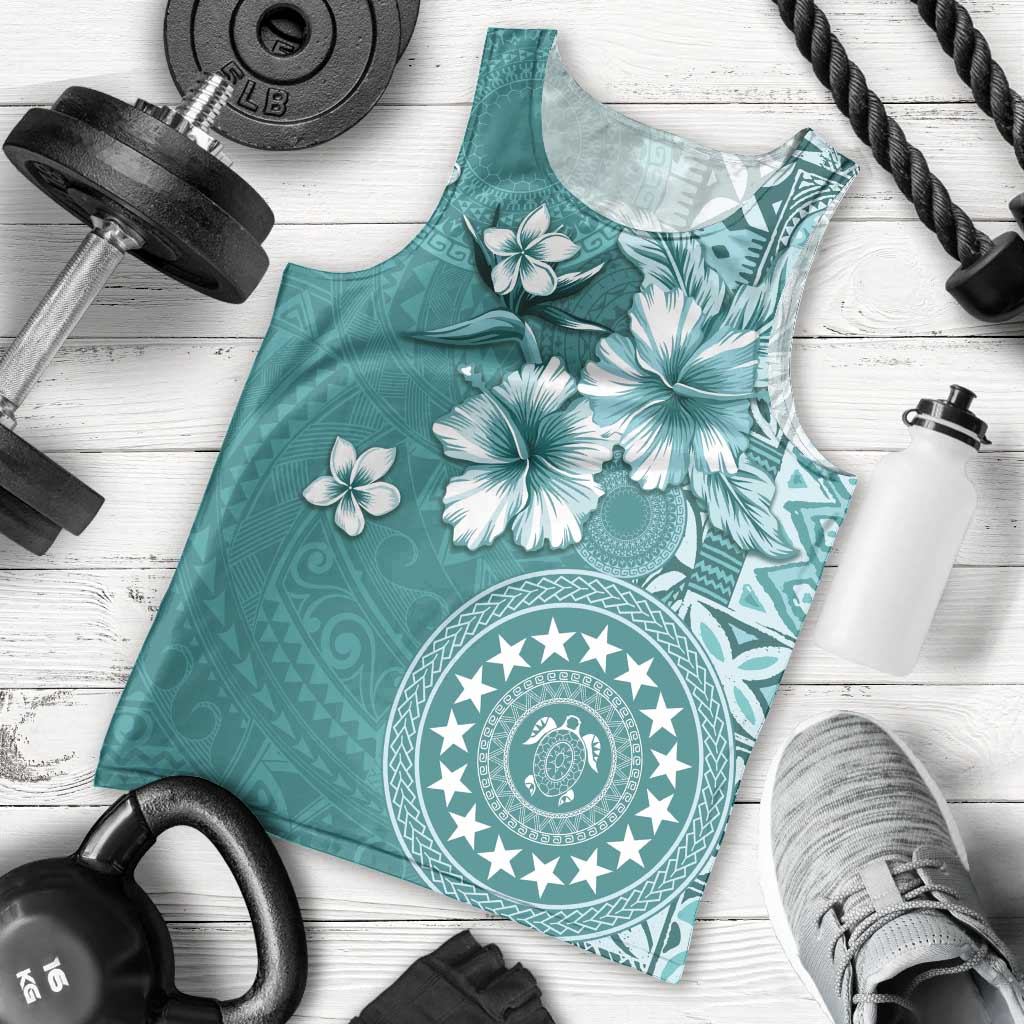 Cook Islands Men Tank Top Teal Hibiscus And Stars