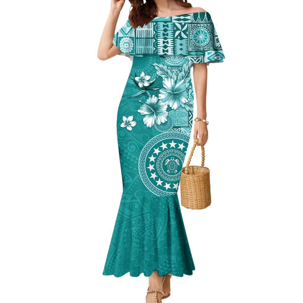 Cook Islands Mermaid Dress Teal Hibiscus And Stars