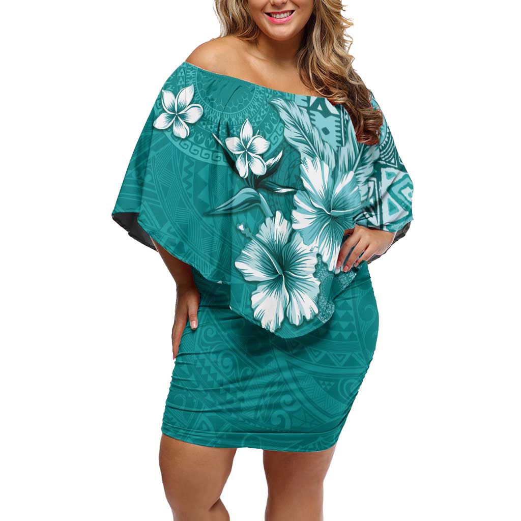 Cook Islands Off Shoulder Short Dress Teal Hibiscus And Stars