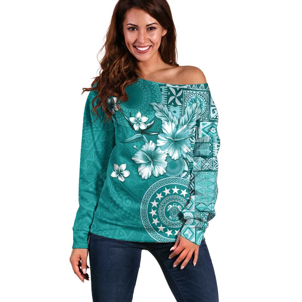 Cook Islands Off Shoulder Sweater Teal Hibiscus And Stars