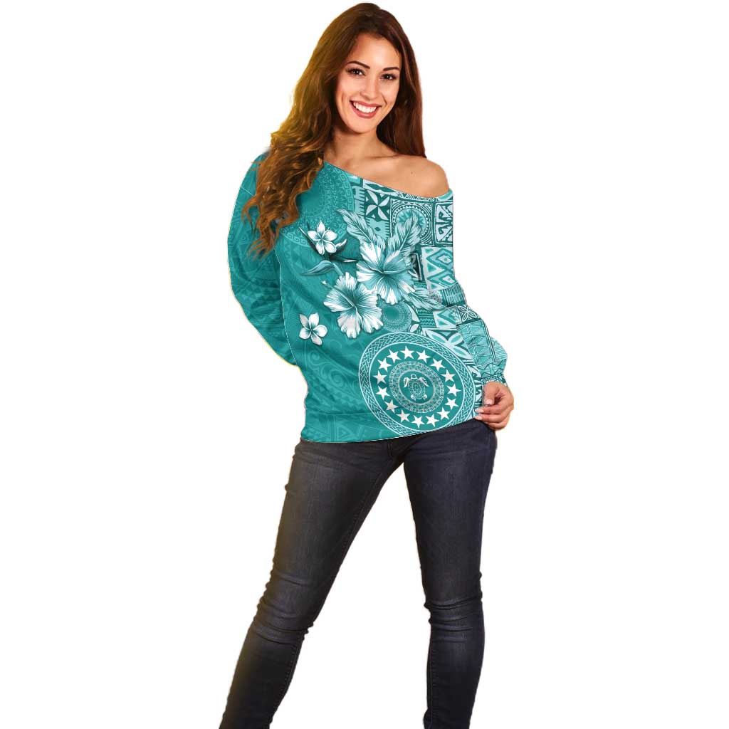 Cook Islands Off Shoulder Sweater Teal Hibiscus And Stars
