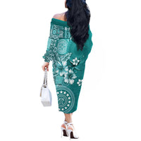 Cook Islands Off The Shoulder Long Sleeve Dress Teal Hibiscus And Stars