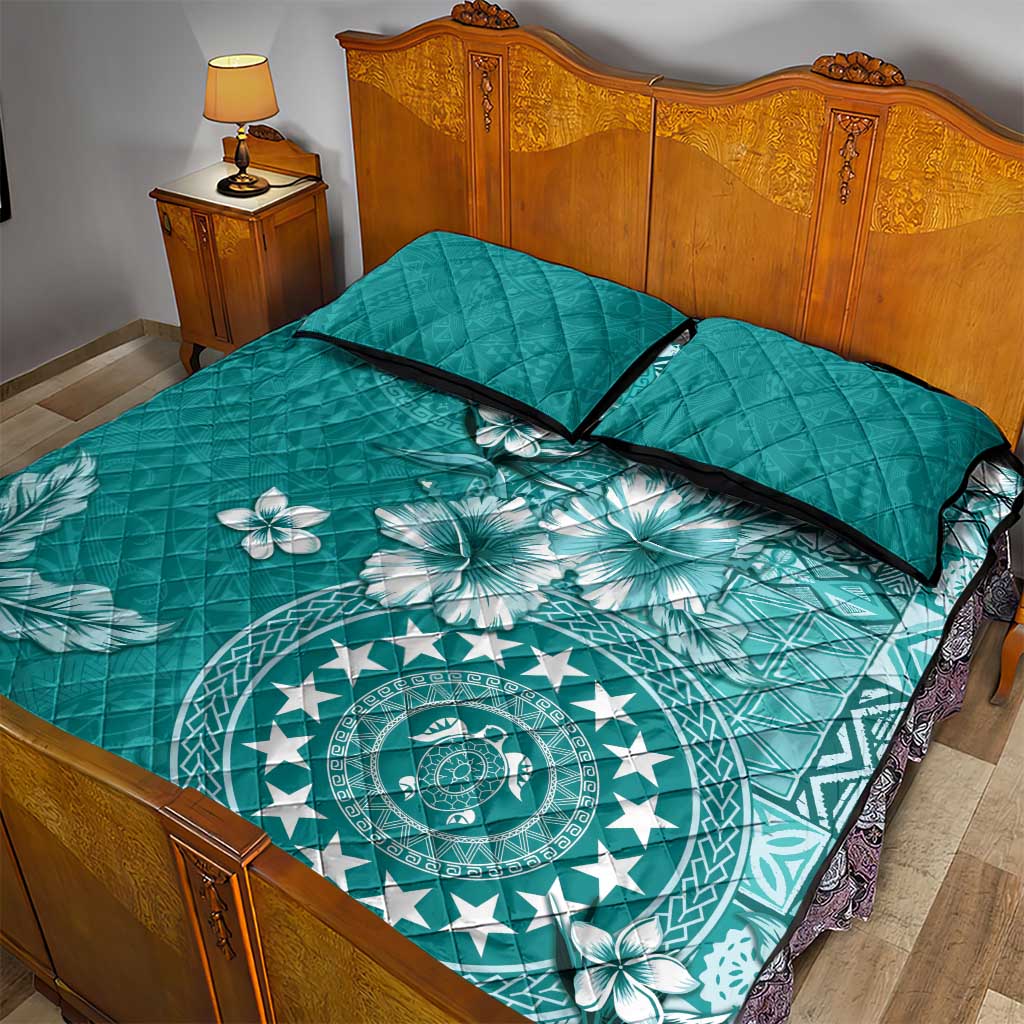 Cook Islands Quilt Bed Set Teal Hibiscus And Stars