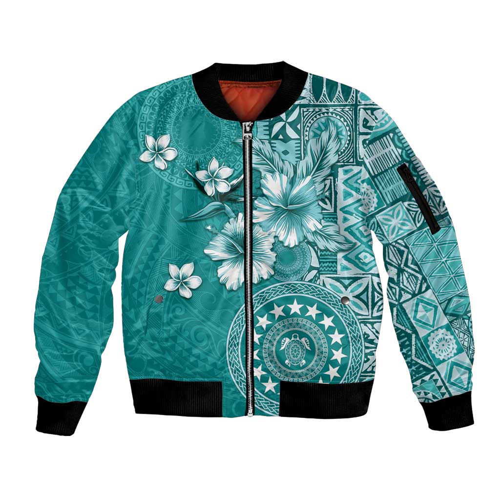 Cook Islands Sleeve Zip Bomber Jacket Teal Hibiscus And Stars