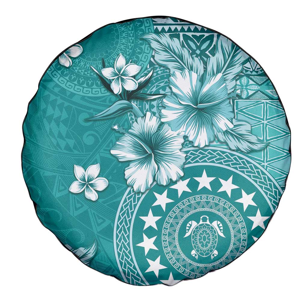 Cook Islands Spare Tire Cover Teal Hibiscus And Stars