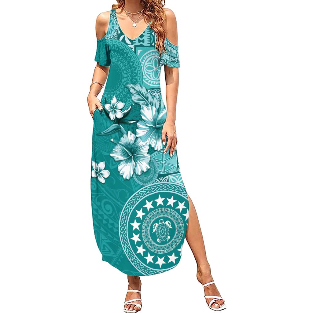 Cook Islands Summer Maxi Dress Teal Hibiscus And Stars
